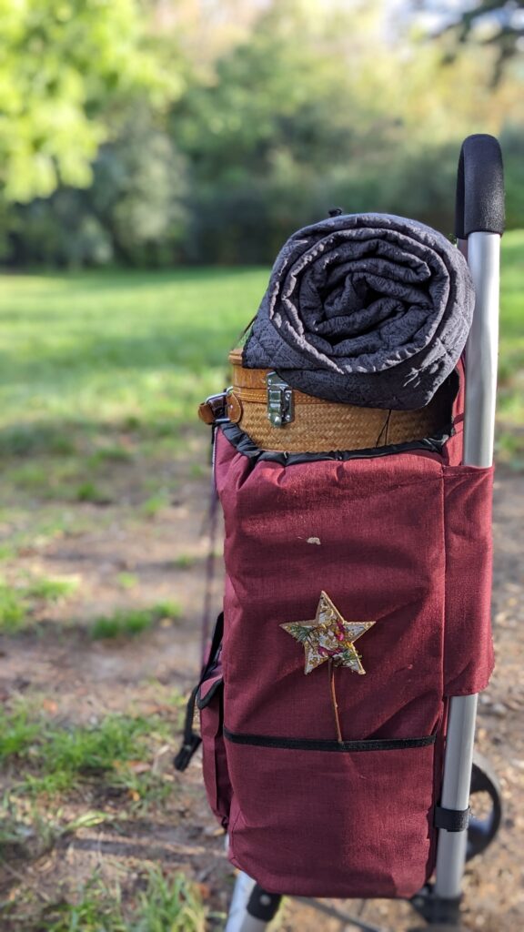 Photo de mon chariot avec mon matériel : tapis de sol, boite à outils, tapis de yoga et création nature